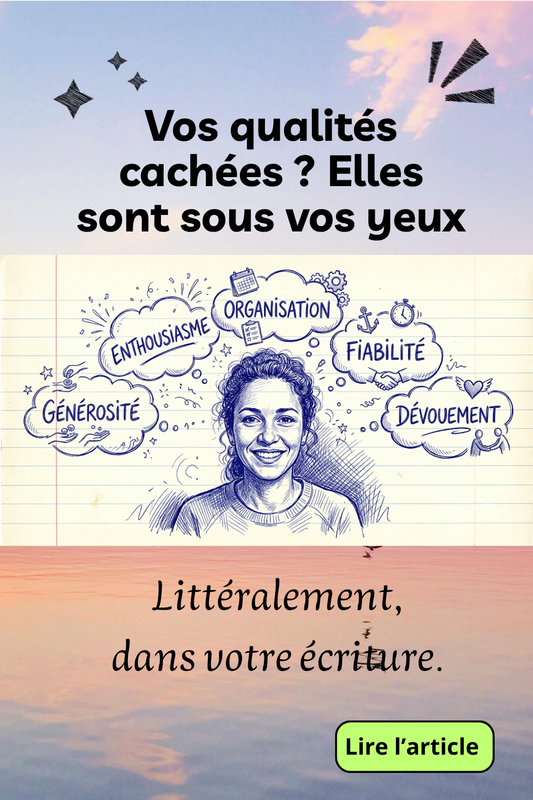 Illustration d'une femme souriante entourée de bulles de pensée listant ses qualités (enthousiasme, organisation, fiabilité, générosité, dévouement) révélées par son écriture.