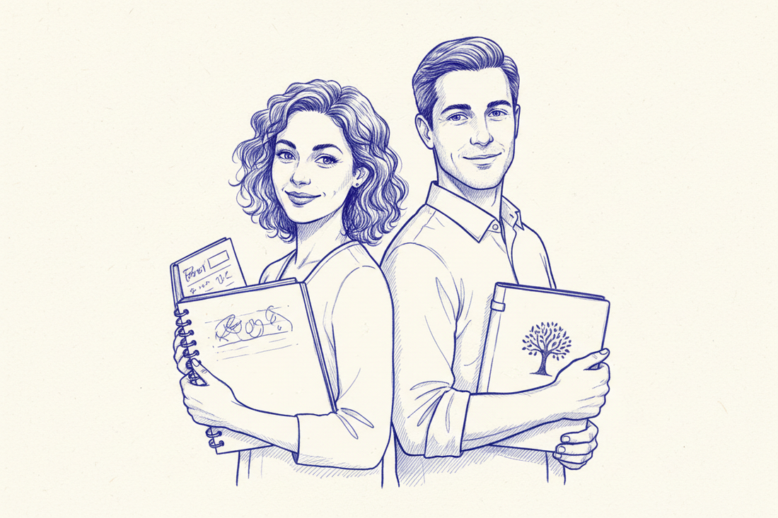 Illustration au stylo bille bleu de deux personnes souriantes, dos à dos, tenant chacune un carnet, symbole de complicité et de communication dans le couple.
