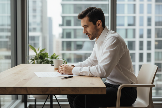 homme au bureau, devant un document